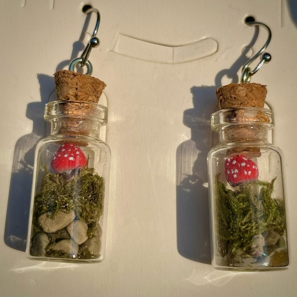 Handcrafted Clay Mushroom Real Terrarium Jar Dangle Earring - Picture 3 of 3